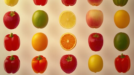  A variety of colorful produce on a plain backdrop showcases an orange, apple, lemon, and two oranges