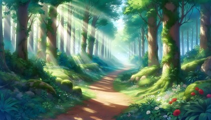Obraz premium Anime sunny summer forest background