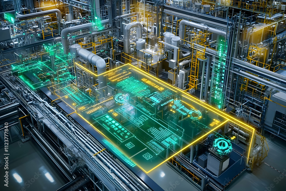 Poster futuristic factory with holographic interface showing real-time data and automation.