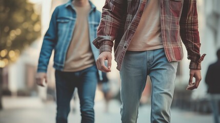 Obraz premium Two young men walking down a bustling city street, dressed in casual clothing, enjoying their day off together as they embrace the vibrant urban lifestyle and warm afternoon sun