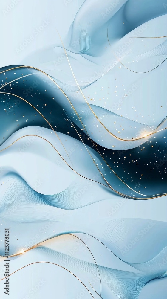 Poster Elegant blue and gold abstract background featuring flowing lines, creating a dynamic and luxurious wavy pattern, suitable for various design projects