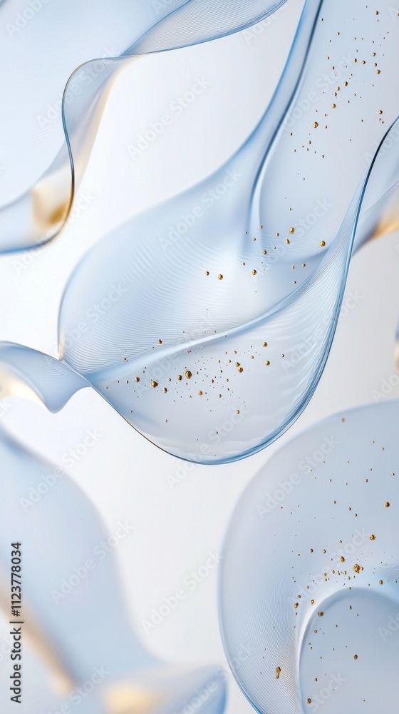 Aufkleber abstract blue transparent wavy shapes with golden particles floating on a white background create a 