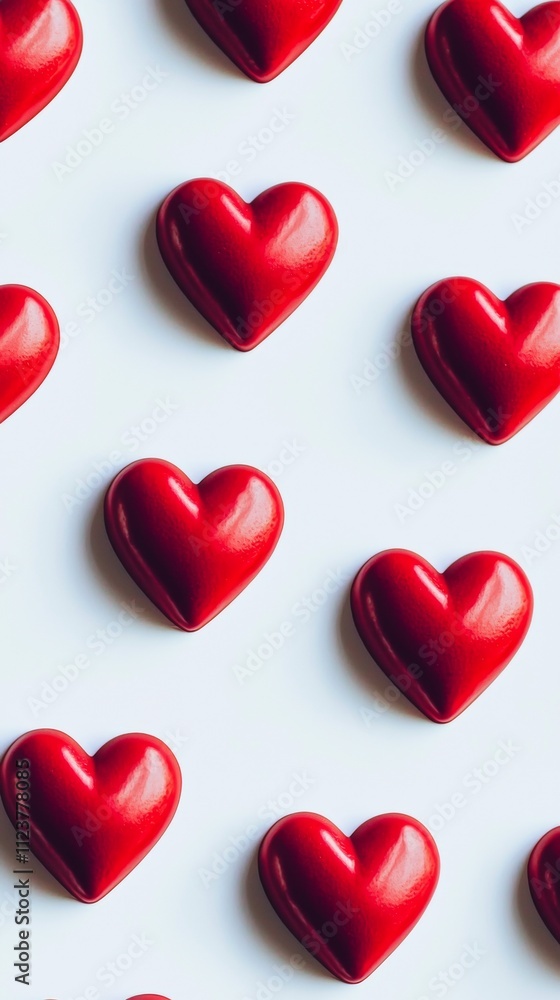 Poster shiny red hearts are arranged neatly on a white backdrop, creating a visually appealing and romantic
