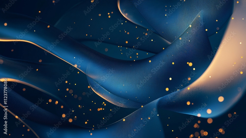Poster abstract digital art showcasing elegant blue waves flowing gracefully with golden particles, creatin