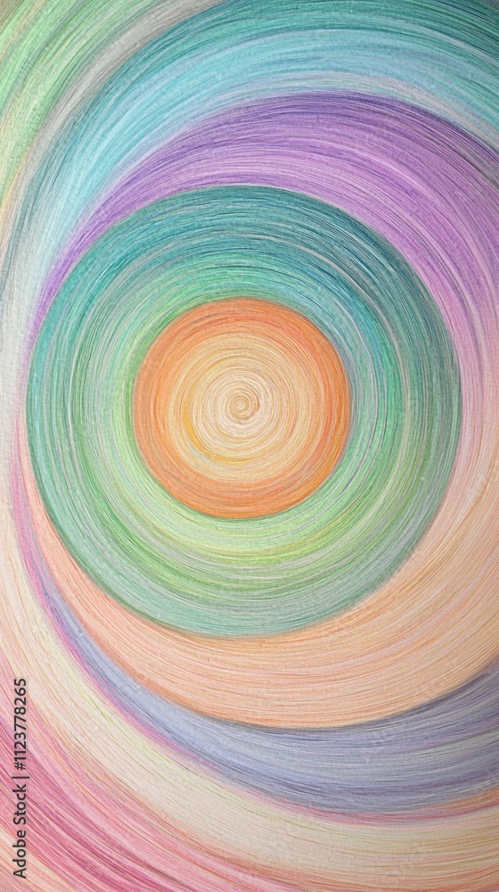 Poster Pastel-colored concentric circles gradually increase in size, emanating from a central point and forming a captivating spiral pattern, creating a mesmerizing visual experience