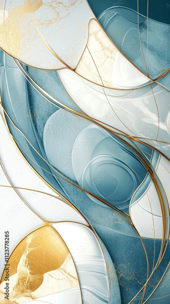 Poster intertwining teal and gold shapes flow seamlessly, crafting a dynamic and visually captivating abstr