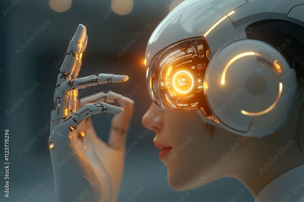 Aufkleber futuristic humanoid with glowing cybernetic features engaged in an advanced technological interactio