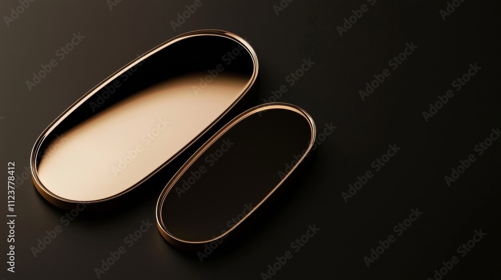 Aufkleber two empty oval trays featuring shiny gold borders resting on a sleek black surface, creating a scene