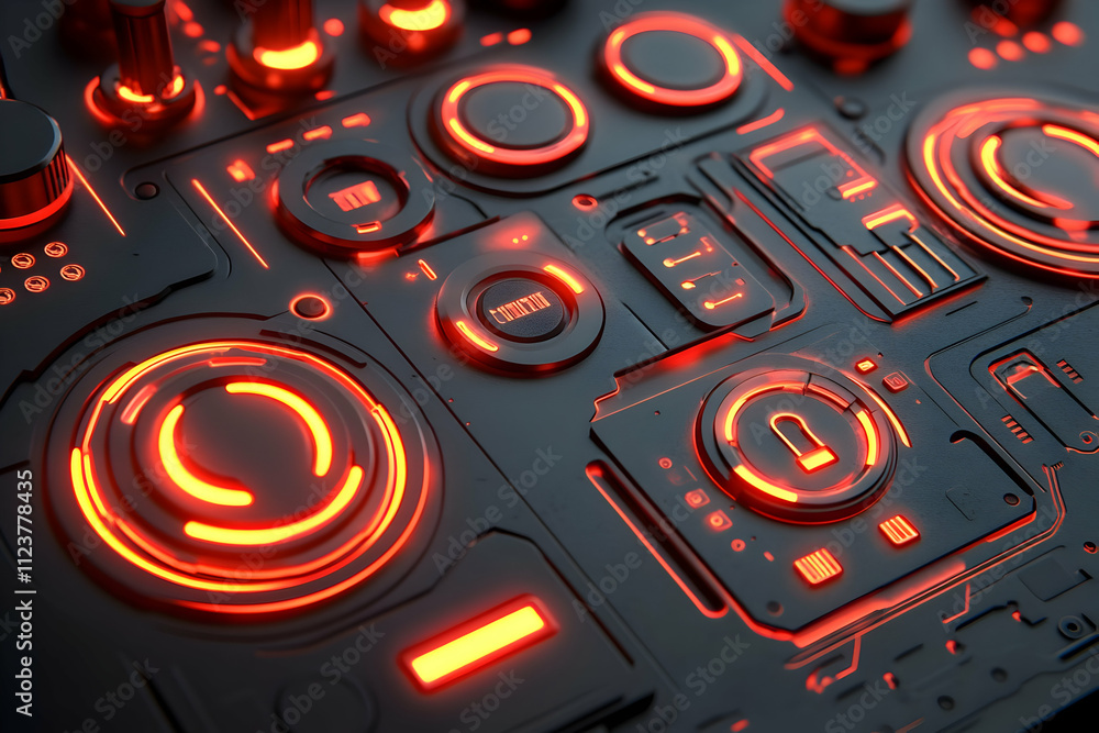 Poster futuristic interface with glowing red buttons and controls.
