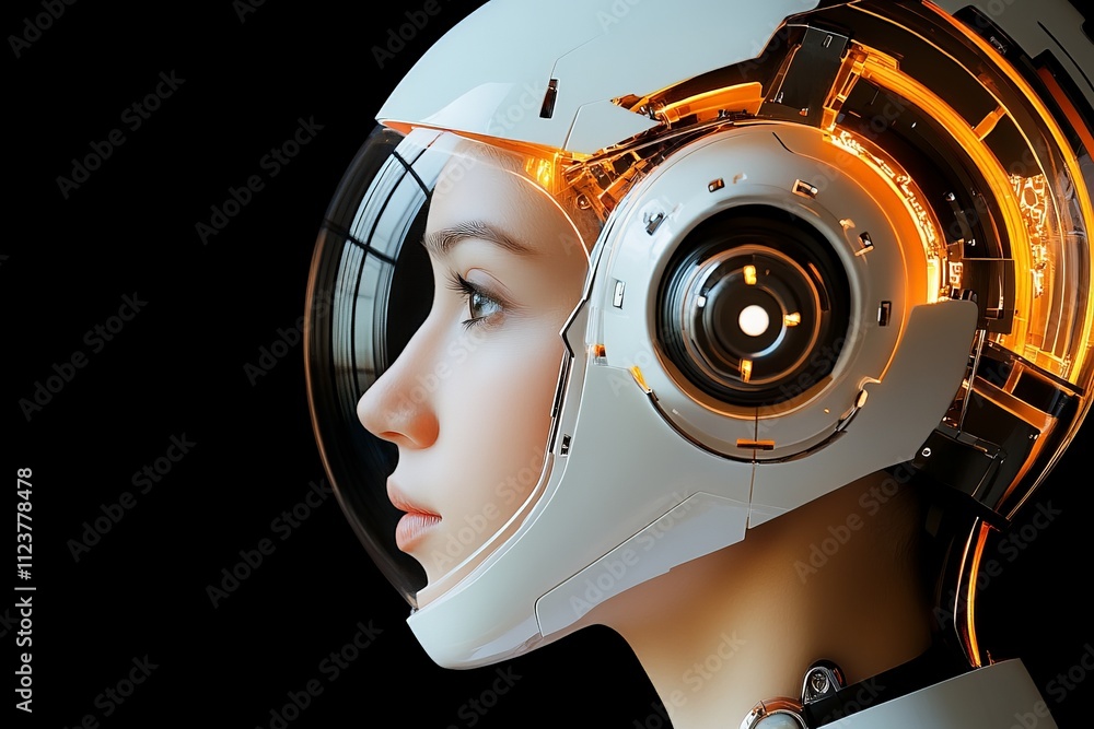 Poster futuristic humanoid robot with a glowing helmet design showcasing advanced technology in artificial 