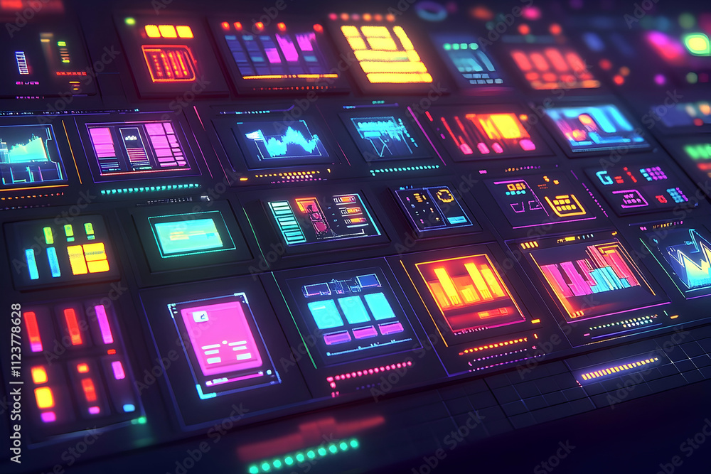Poster futuristic neon digital interface with colorful data charts and graphs on multiple screens.