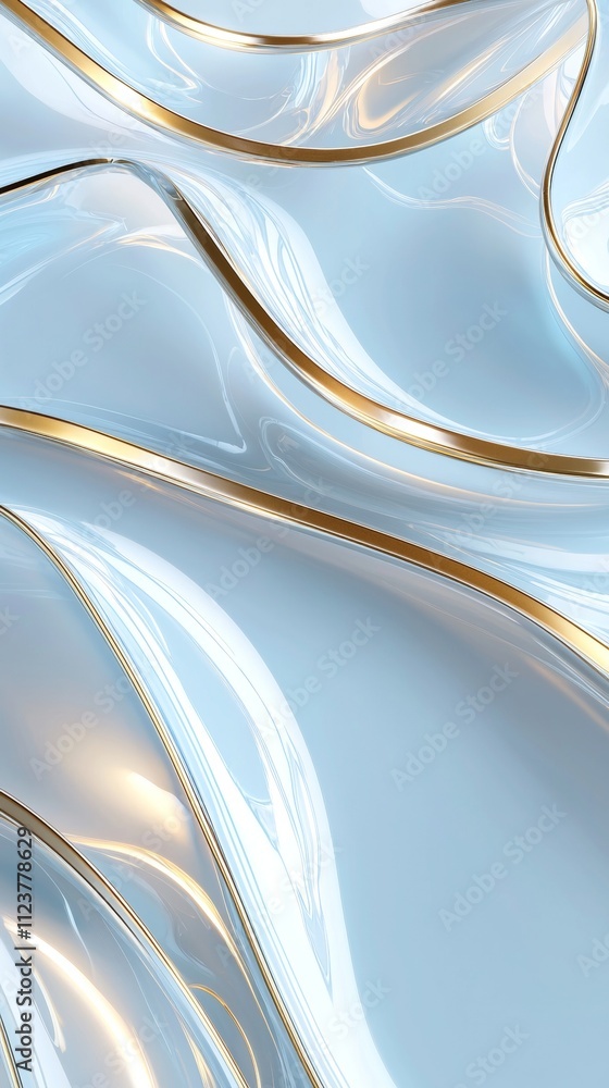 Poster golden lines flowing smoothly on light blue liquid surface creating an abstract and elegant design, 
