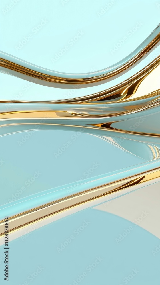 Poster golden lines are flowing and creating abstract waves on a turquoise background, forming a dynamic an