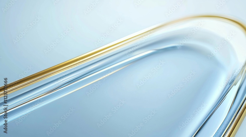 Poster intertwining glass and gold lines create a smooth curve against a soft blue backdrop, resulting in a