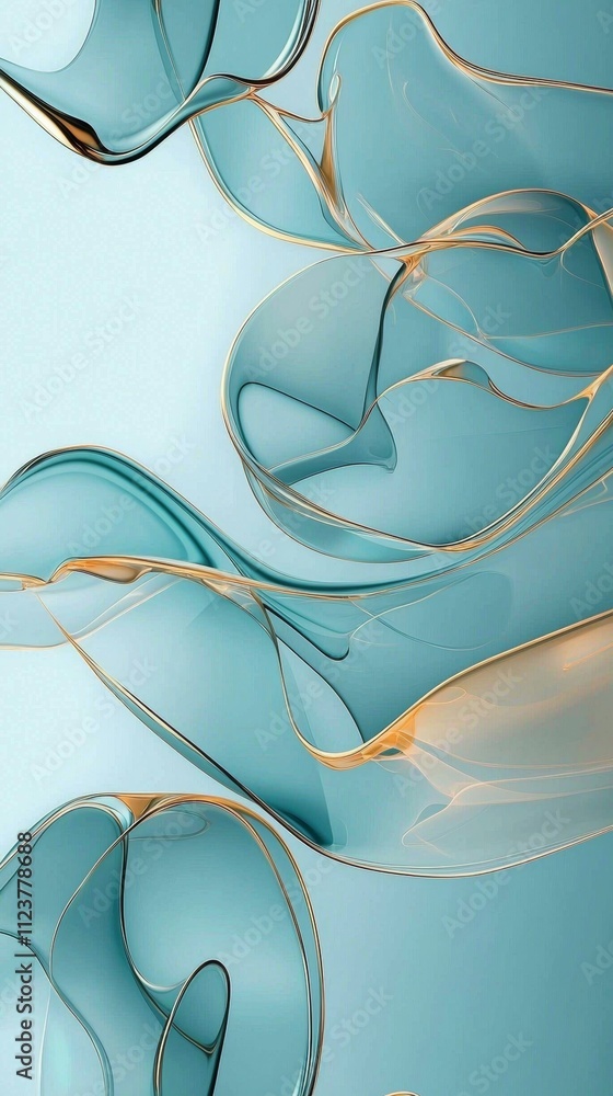Poster smooth turquoise and gold shapes intertwine and flow gracefully against a serene light blue backdrop