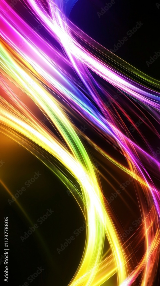 Poster creating a vibrant and dynamic abstract composition, smooth light trails flow in various colors agai