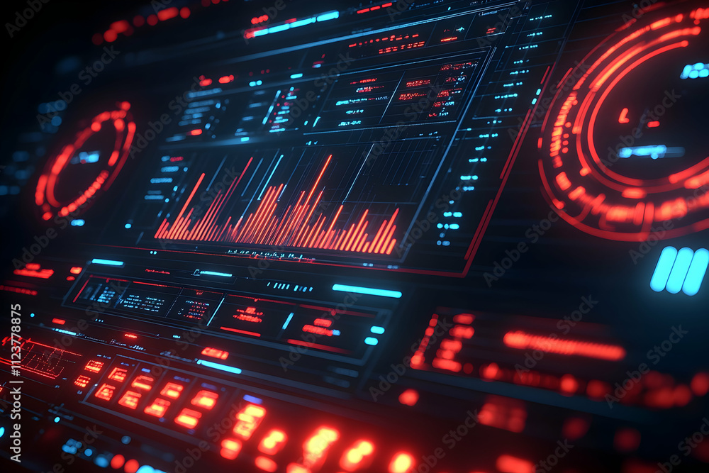 Poster futuristic red and blue digital interface with graphs and data.
