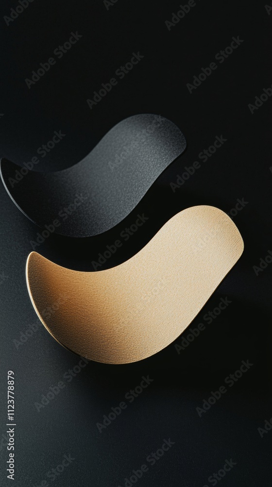 Poster minimalist composition featuring two curved shapes, one black and one gold, positioned against a dar