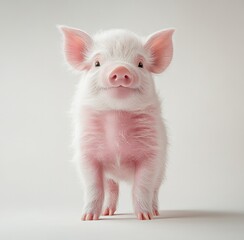 Adorable pink piglet standing on white background.