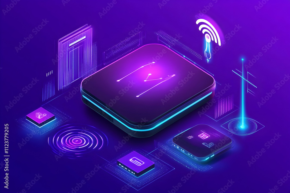 Poster futuristic smart tech device with network connection, data transfer, and biometric security.