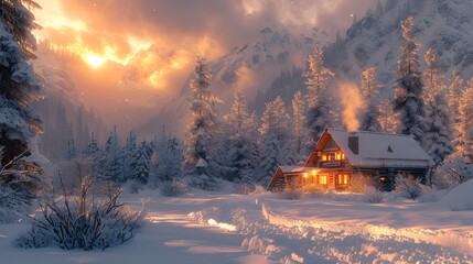 Snowy Mountain Cabin with Smoke from Chimney at Golden Hour