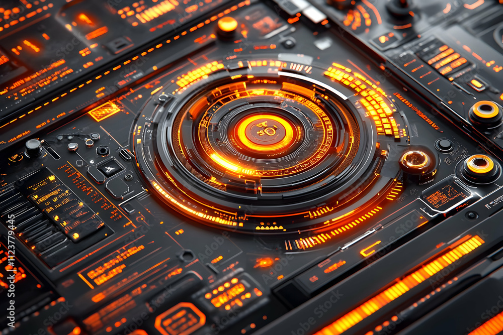 Poster futuristic tech interface with glowing orange elements.