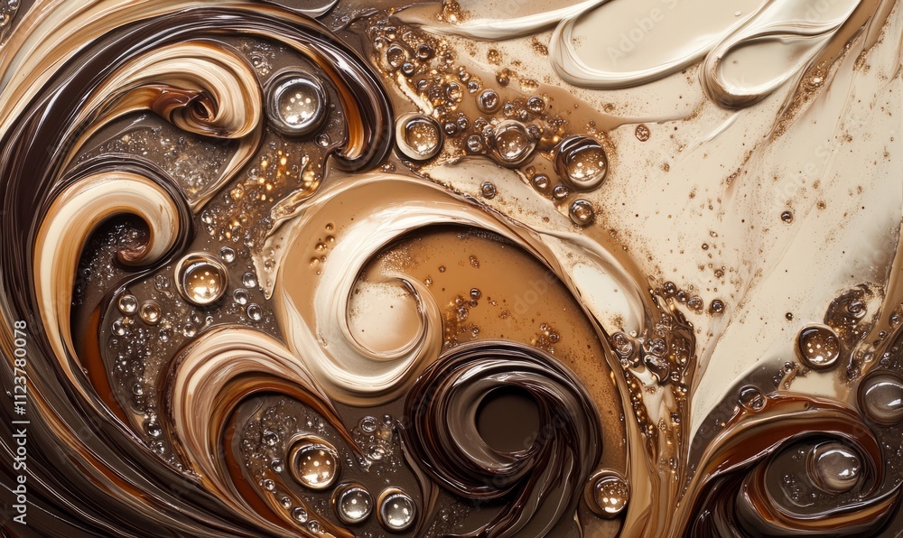 Poster swirls of chocolate and caramel tones mix elegantly with shimmering highlights and bubbles, creating