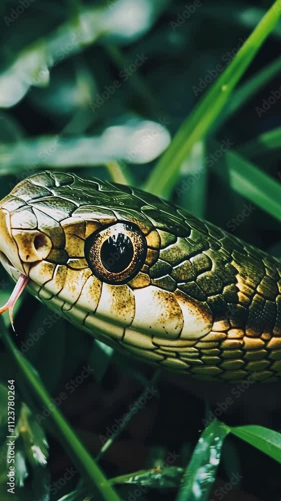 Poster close-up view of a snake emerging from the grass in a lush green environment during daylight hours