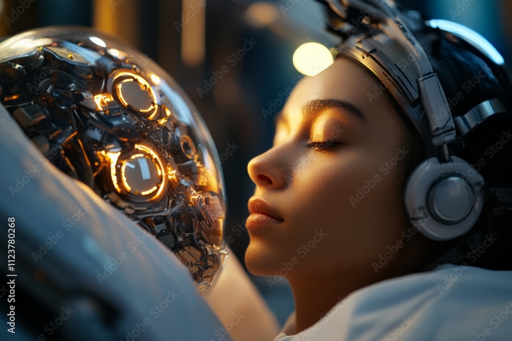 Poster woman interacts with an advanced robotic head in a futuristic setting during a serene moment of conn