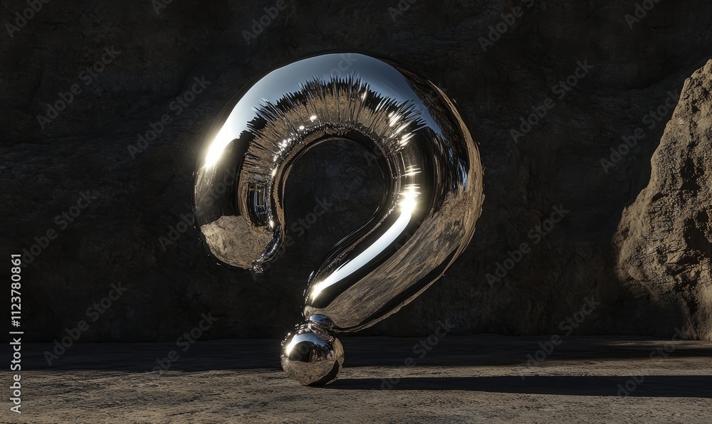 Poster this image depicts a shiny metal balloon in the shape of a question mark on a dark background, illus