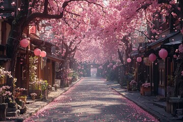 Cherry blossoms bloom along a picturesque street filled with lanterns and scattered petals in...