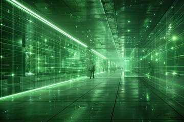 futuristic corridor with green light lines creating the effect of three-dimensionality and depth.  