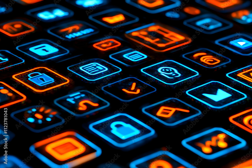 Poster glowing app icons on a digital interface.