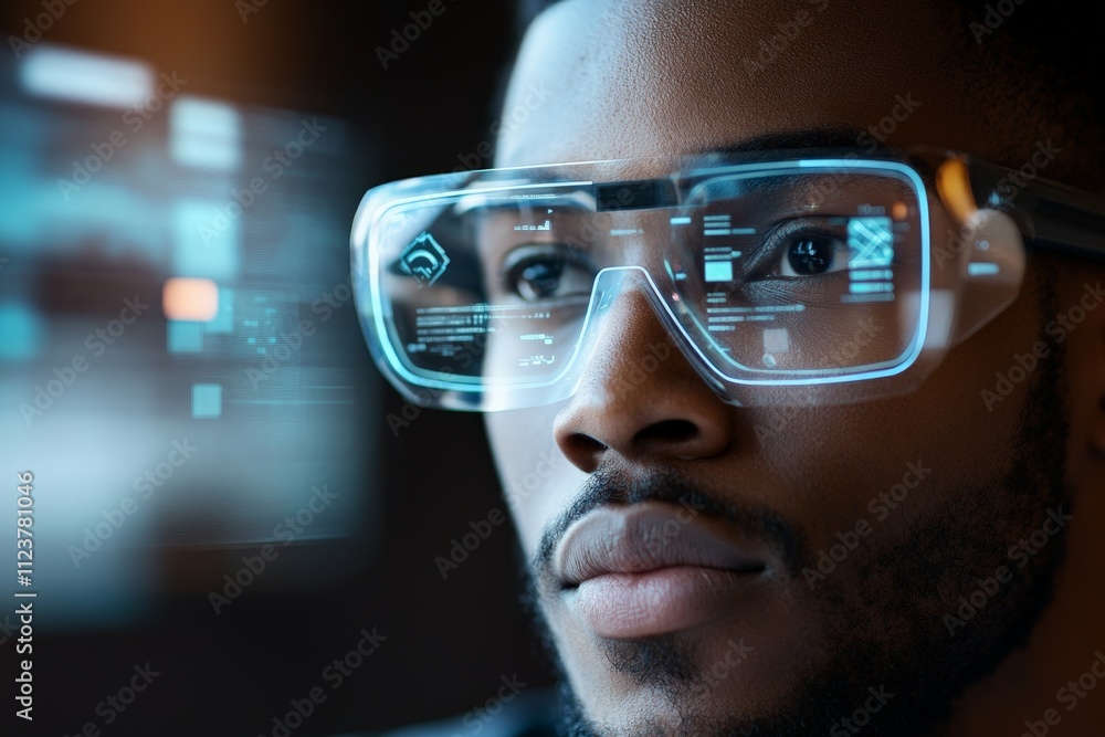 Poster innovative man utilizing augmented reality glasses for immersive digital experience in a modern sett