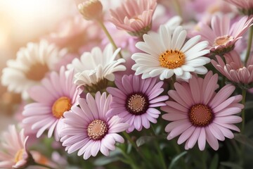 Obraz premium Beautiful daisies in soft pastel colors filling the frame with warmth and vibrance in a garden setting during daylight hours