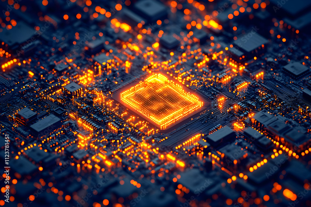 Poster glowing cpu on circuit board.