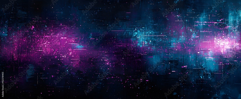 Sticker abstract dark digital background with vivid pink and blue glowing textures and light particle effect