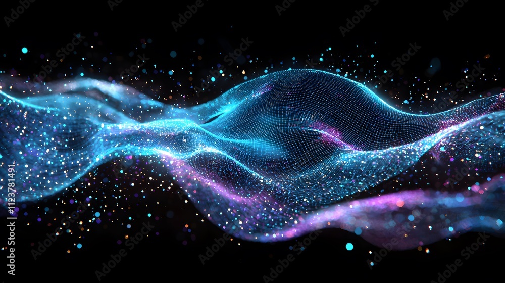 Sticker dynamic wave of interconnected blue and purple lights forming a flowing net of energy particles in a