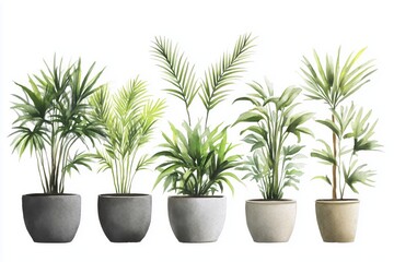 Obraz premium A watercolor illustration showing a set of tropical houseplants in pots. This illustration is hand-drawn and shows a set of watercolor houseplants in pots