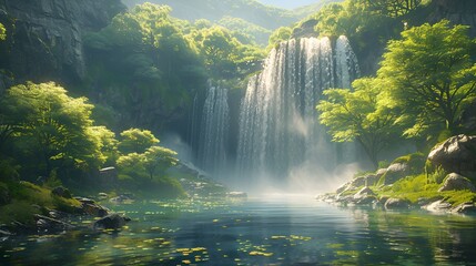 Majestic Waterfall Cascading into Crystal-Clear Pool in a Lush Forest