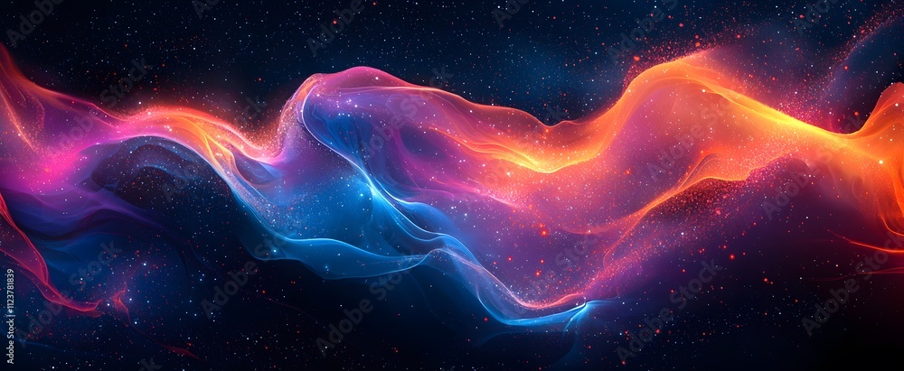 Wall mural flowing cosmic energy waves in vibrant blue and orange tones with glowing stars in the background