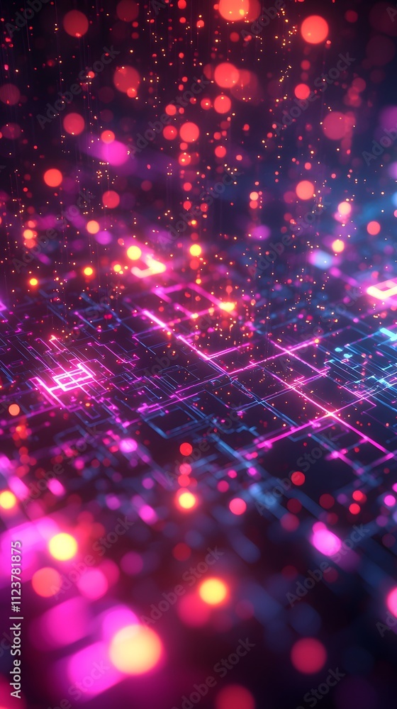 Poster glowing abstract pink and orange data grid with particle effects on a dark digital background