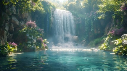 Majestic Waterfall Cascading into Crystal-Clear Pool in a Lush Forest