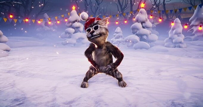 Funny cat dances in a Santa Claus hat on a festive Christmas background. Snow-covered landscape with decorated Christmas trees. Animated video for holiday cards, festive events, and New Year's partie