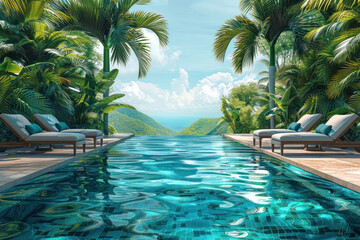 Obraz premium a luxurious swimming pool with turquoise water, set in a tropical garden with lush green palm trees. 