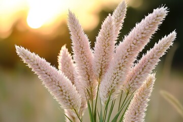 Fototapeta premium Soft pink grass swaying in the golden light of early evening near a tranquil field