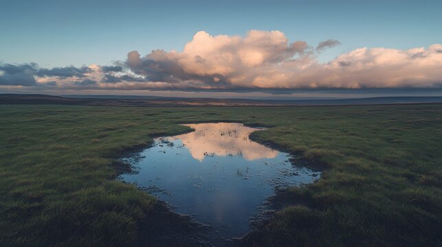 Serene landscape featuring a reflective pond surrounded by grass and dramatic clouds.
