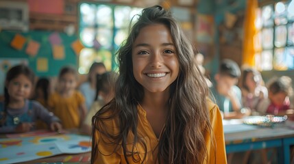 Teacher Guiding Children During Art Class in Colorful Classroom
