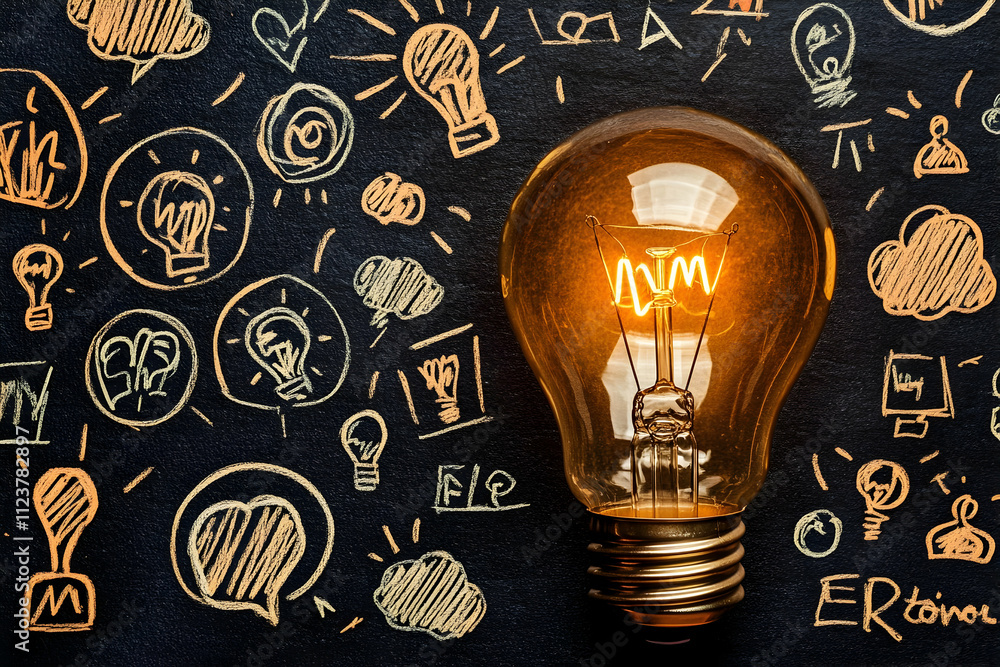 Poster glowing lightbulb on blackboard with idea sketches.