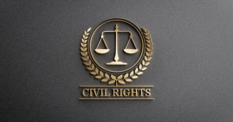 Civil Rights: Golden Icon with Scales of Justice and text. Legal Concept